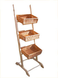 Wooden display rack with 3 wicker baskets