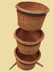 Wooden display rack with 3 round, wicker baskets