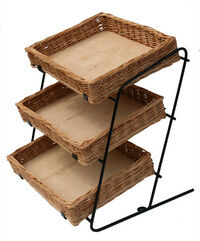 Metal display rack with 3 wicker baskets