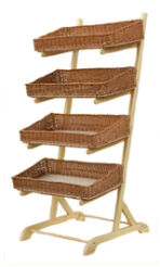 Wooden display rack with 4 wicker baskets