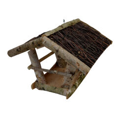 Wooden bird feeder with birch roof for outdoors hanging