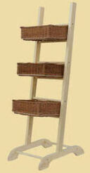 Wooden display rack with 3 wicker baskets