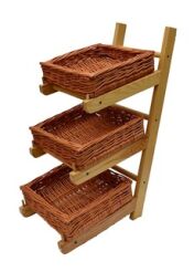 Wooden display rack with 3 wicker baskets