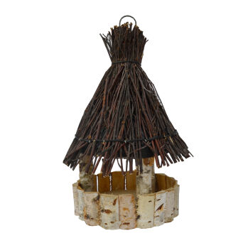 Wooden bird feeder with birch roof for outdoors hanging