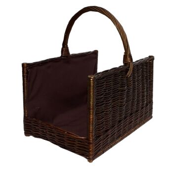 Wicker fireplace basket, dark, open with embroidered fabric lining 50