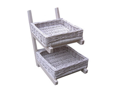 Wooden display rack with 2 wicker baskets, white