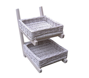 Wooden display rack with 2 wicker baskets, white