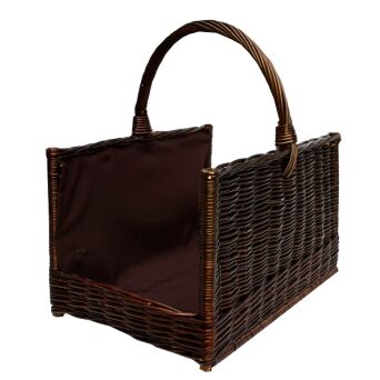 Wicker fireplace basket, dark, open with embroidered fabric lining 45