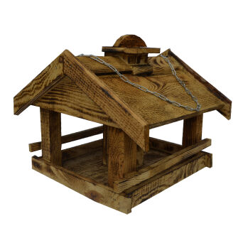 Wooden bird feeder with chimney for outdoors hanging