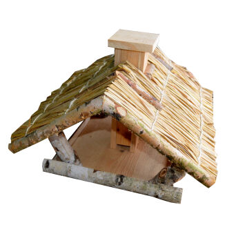 Wooden bird feeder with straw roof and chimney