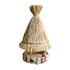Wooden bird feeder with straw roof for outdoors hanging, medium